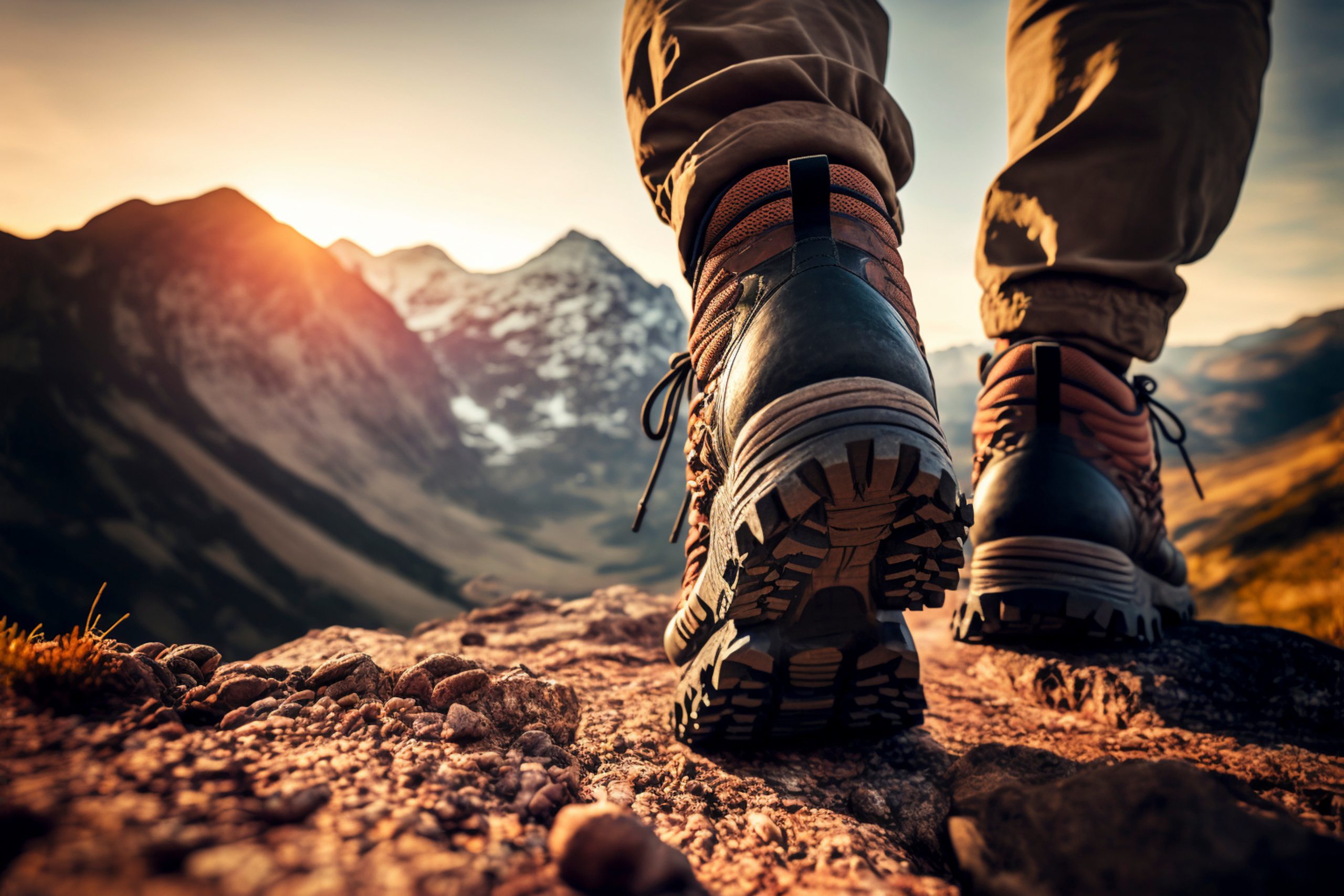 Hiker goes against sky and sun. Hiking concept created with generative Ai technology.